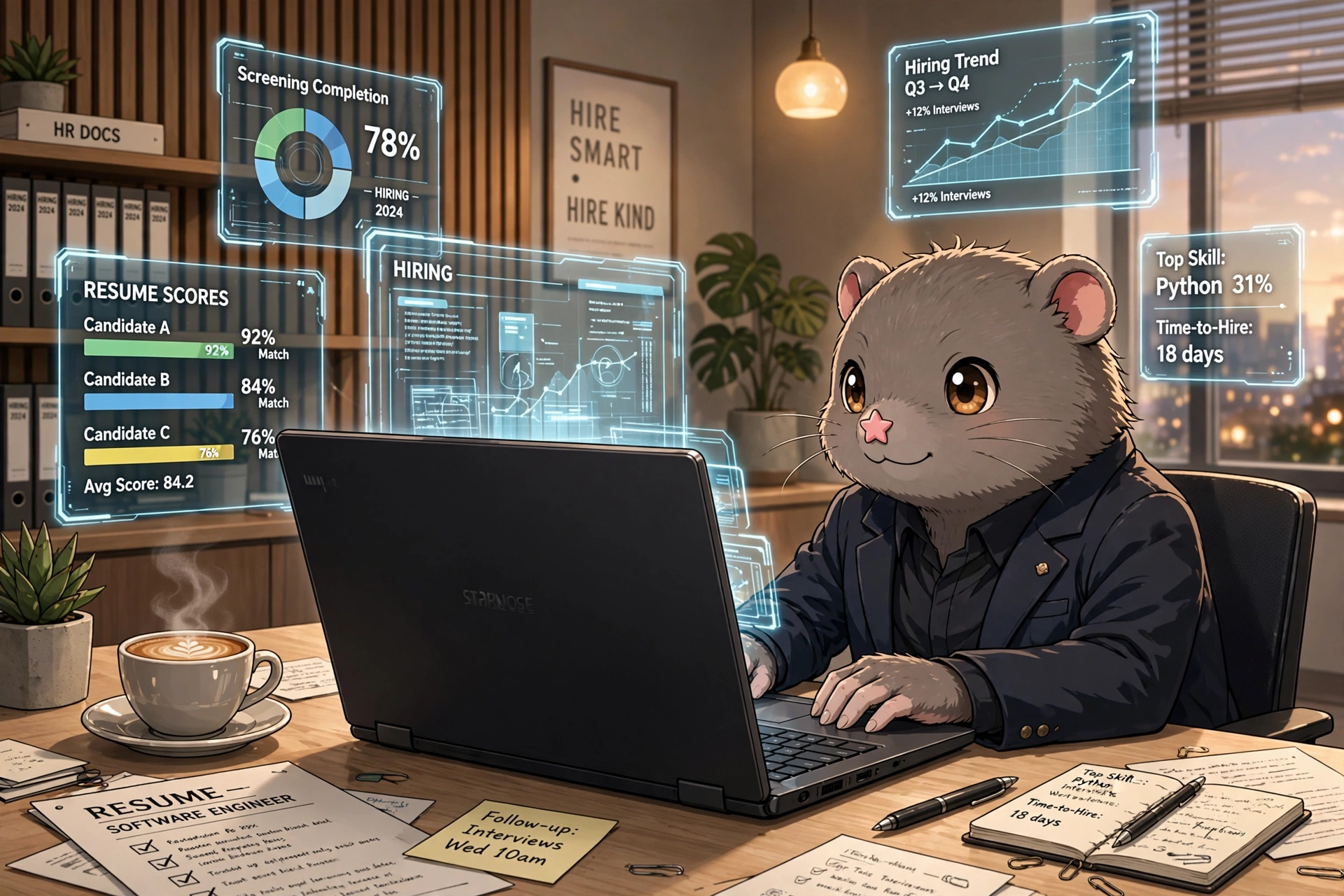 StarNose, a star-nosed mole in a blazer, reviewing analytics at his desk