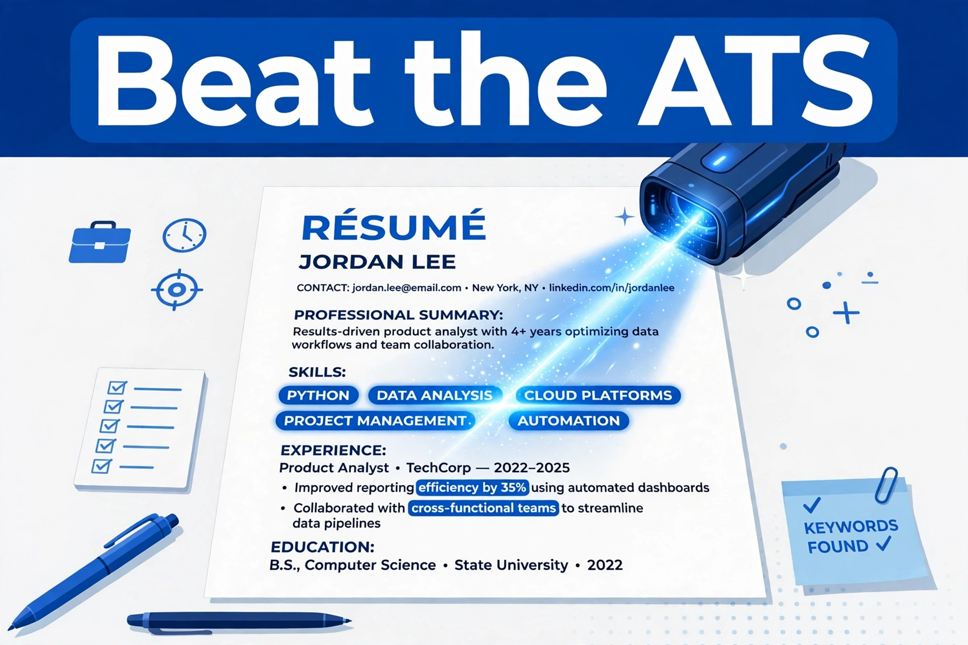 Illustration of a résumé under an electric-blue scanner beam with its keywords highlighted, headlined “Beat the ATS”