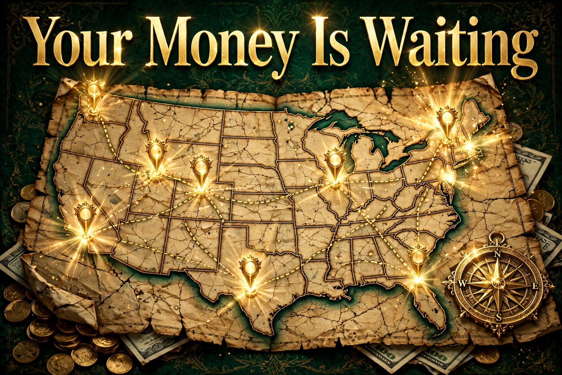 Glowing treasure map of the United States with gold markers and a compass — Your Money Is Waiting