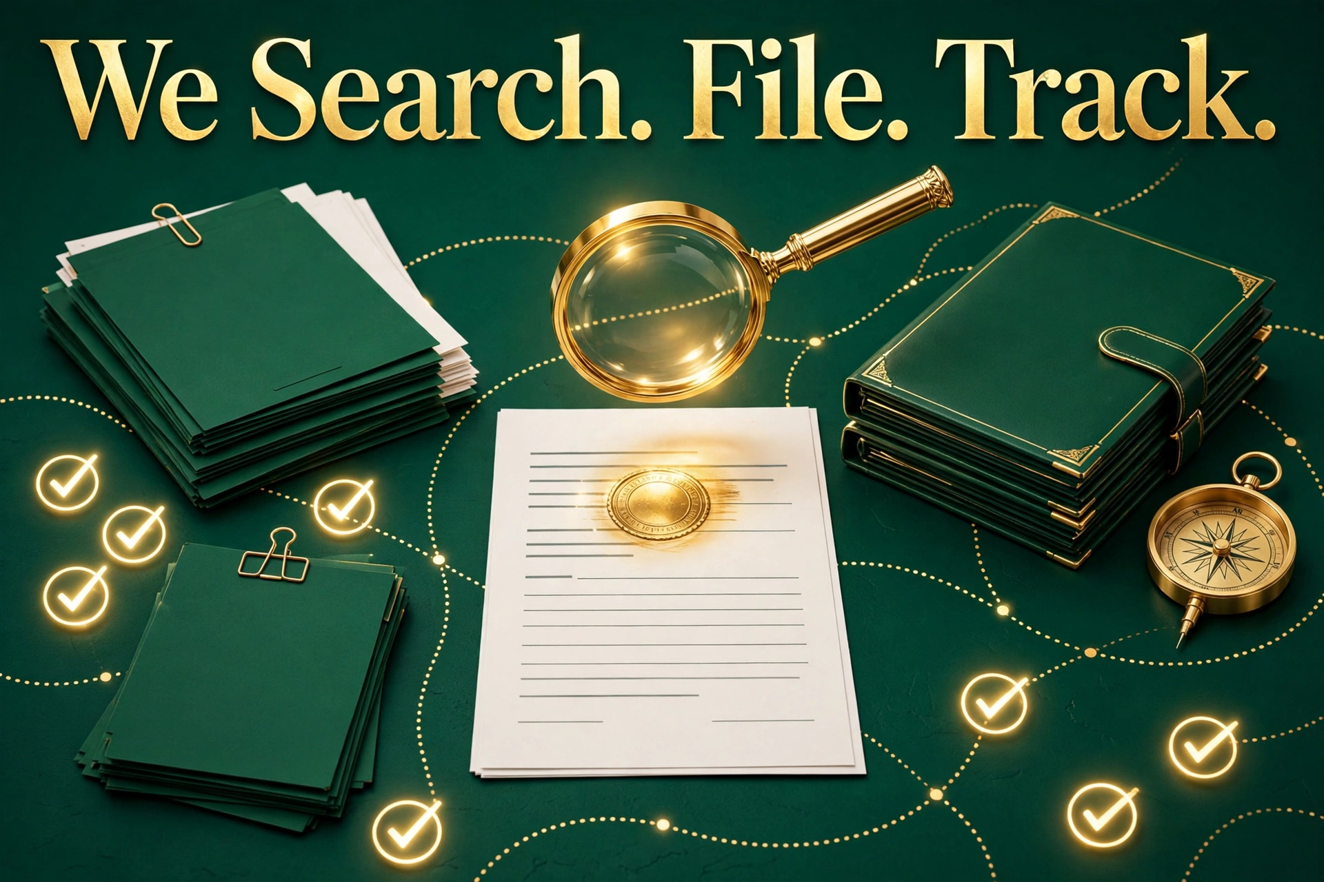 Claim documents, folders, and a gold magnifying glass on an emerald desk — We Search. File. Track.