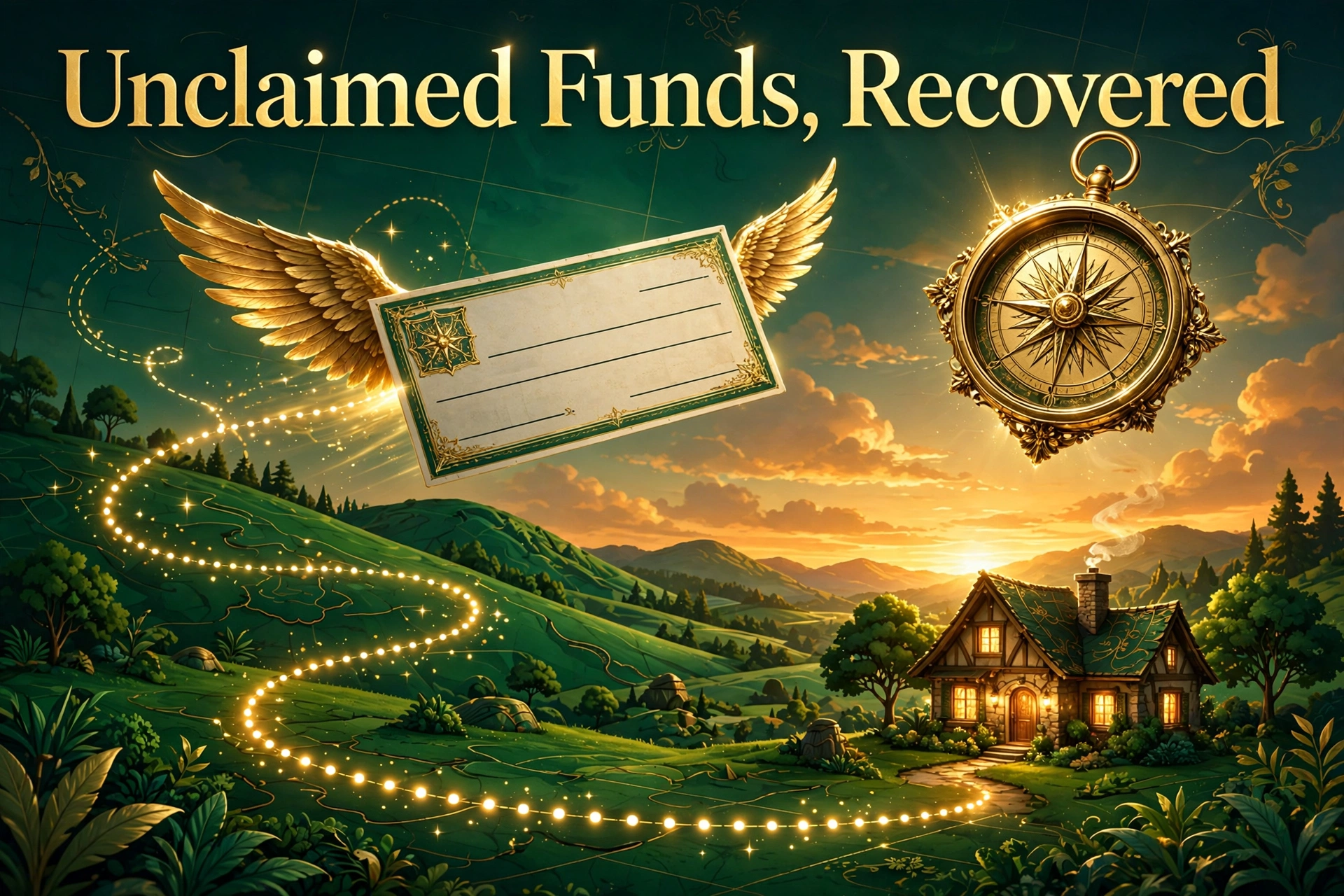 A winged check flying along a glowing gold route toward a house at sunset — Unclaimed Funds, Recovered