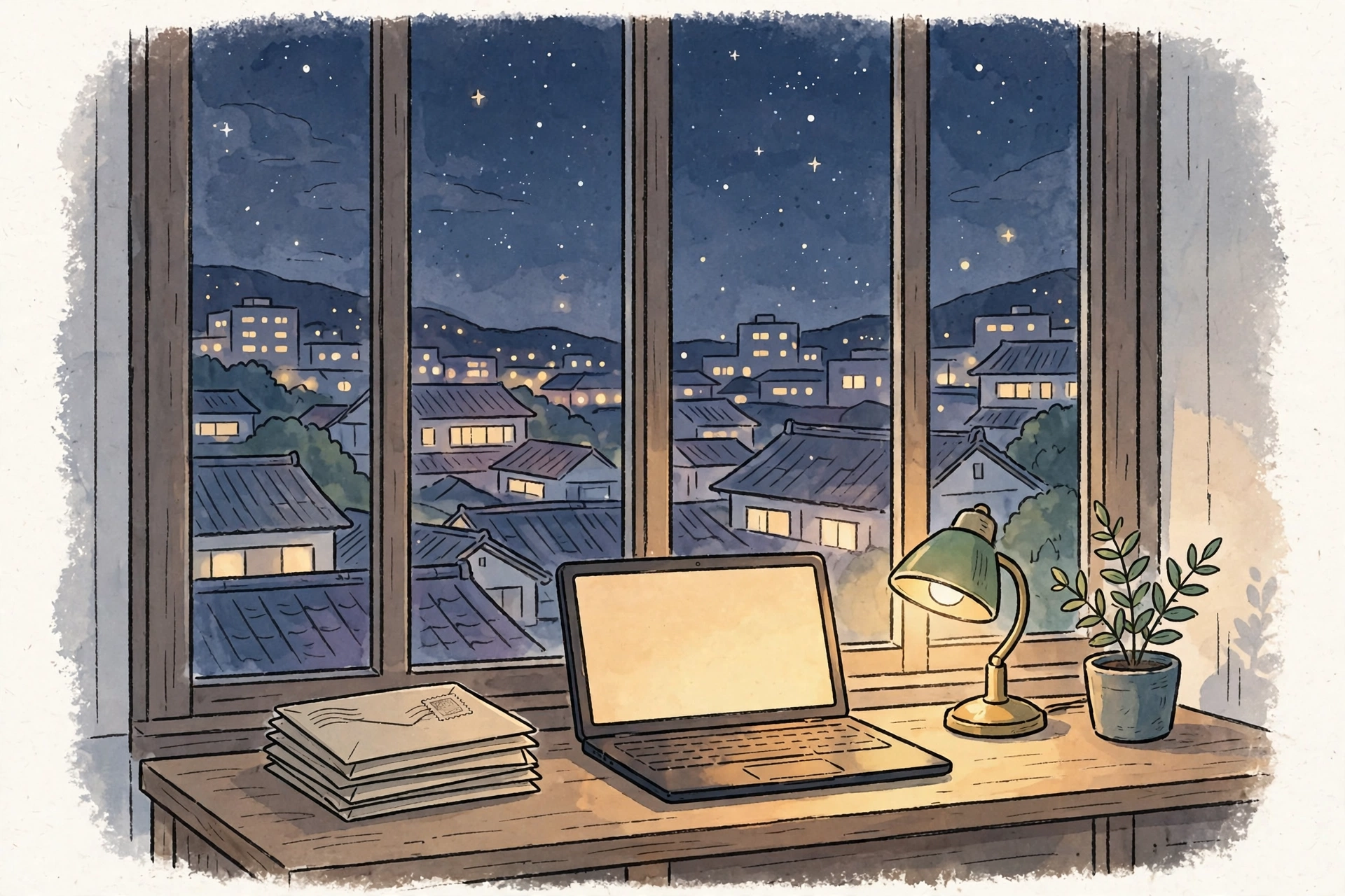 An illuminated research desk with a laptop and books overlooking a city at night