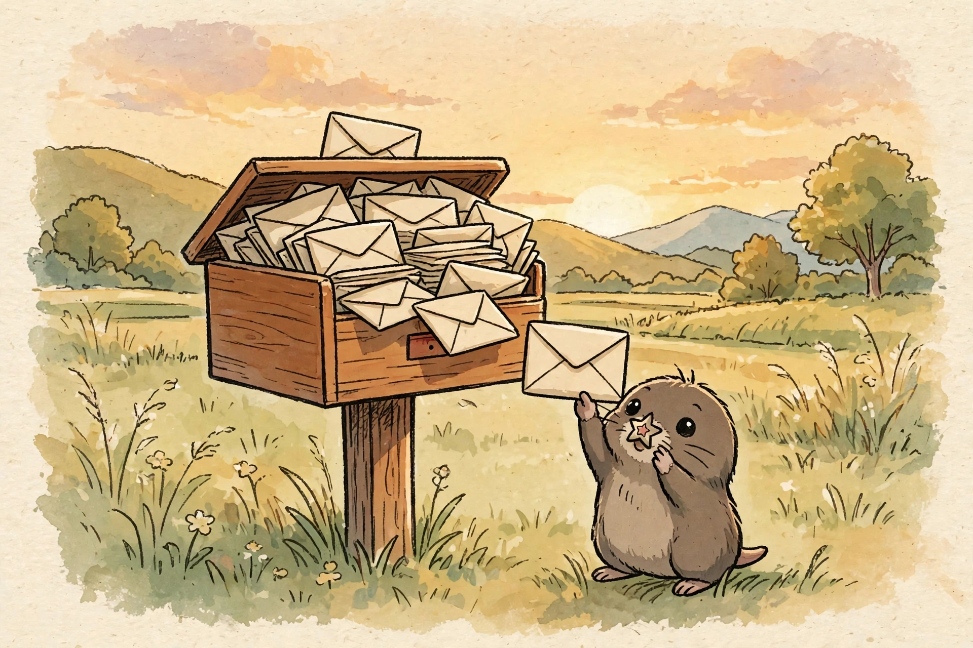 A mailbox filled with recovered claim correspondence in a bright open landscape
