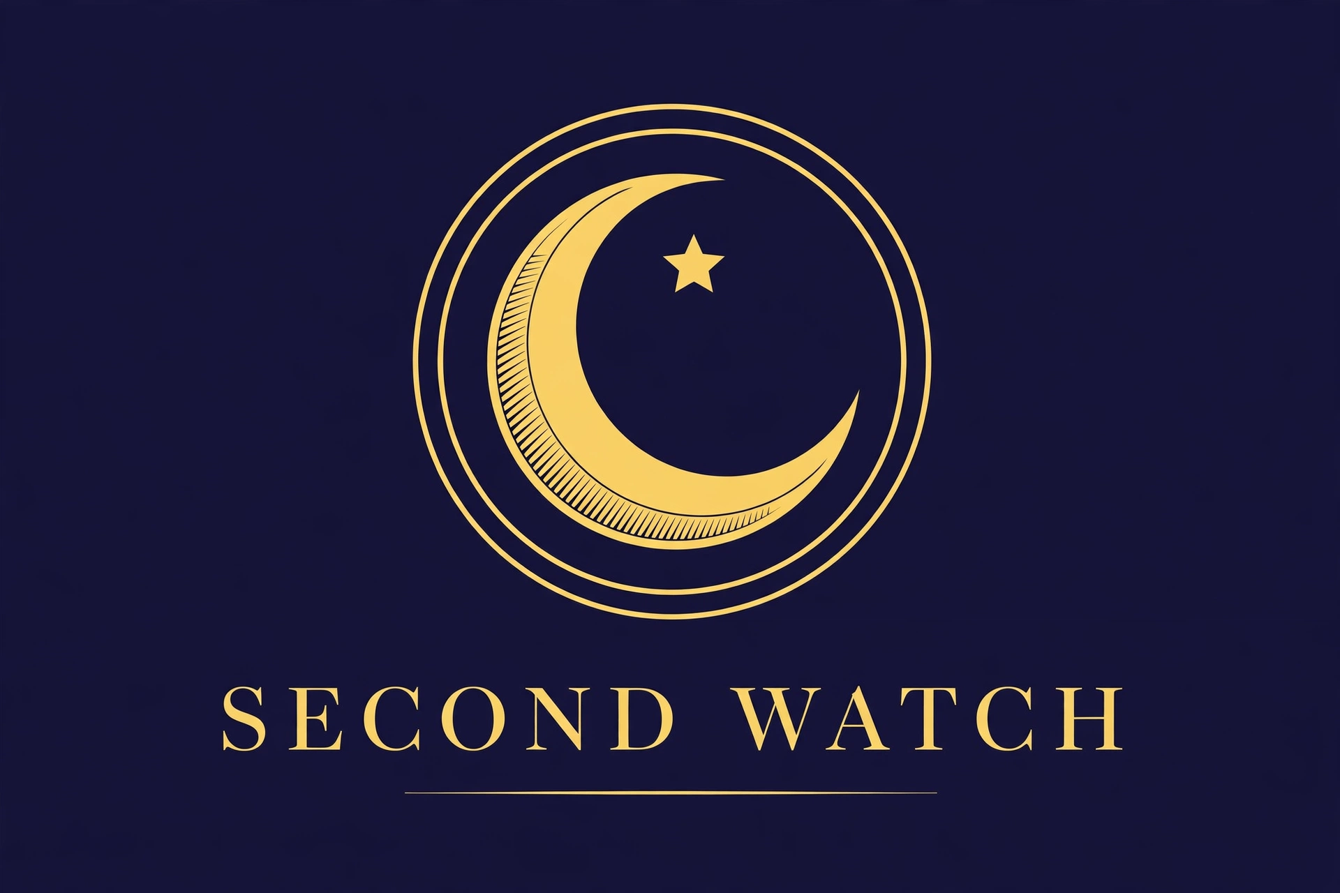 Second Watch — gold crescent and star emblem with the Second Watch name in elegant gold lettering on midnight navy
