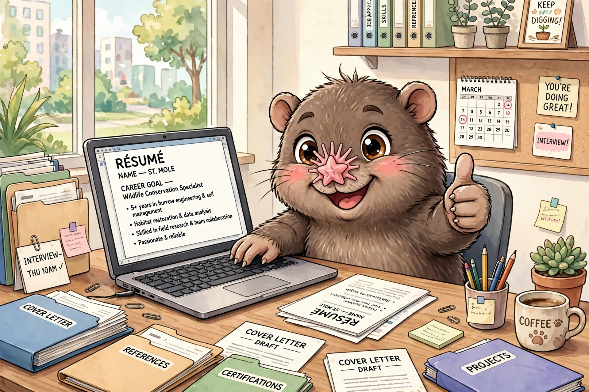 StarNose the mole giving a thumbs-up at a desk full of career documents