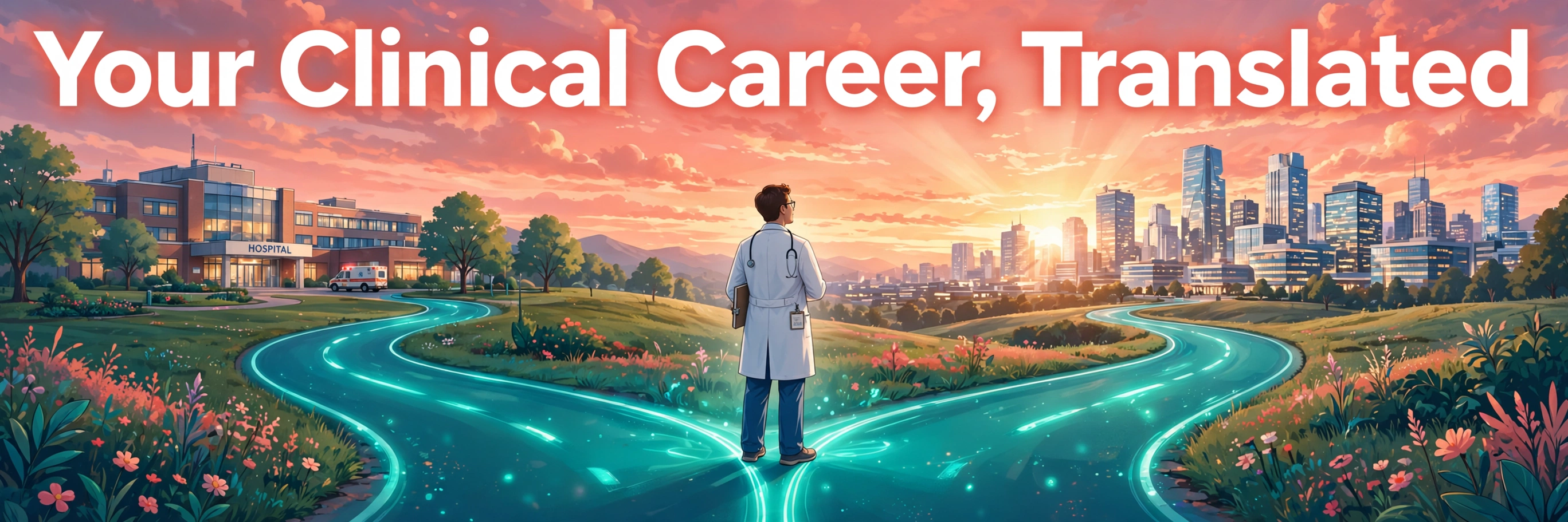Illustration: a clinician at a glowing fork in the road at sunrise, hospital behind and city skyline ahead — “Your Clinical Career, Translated”