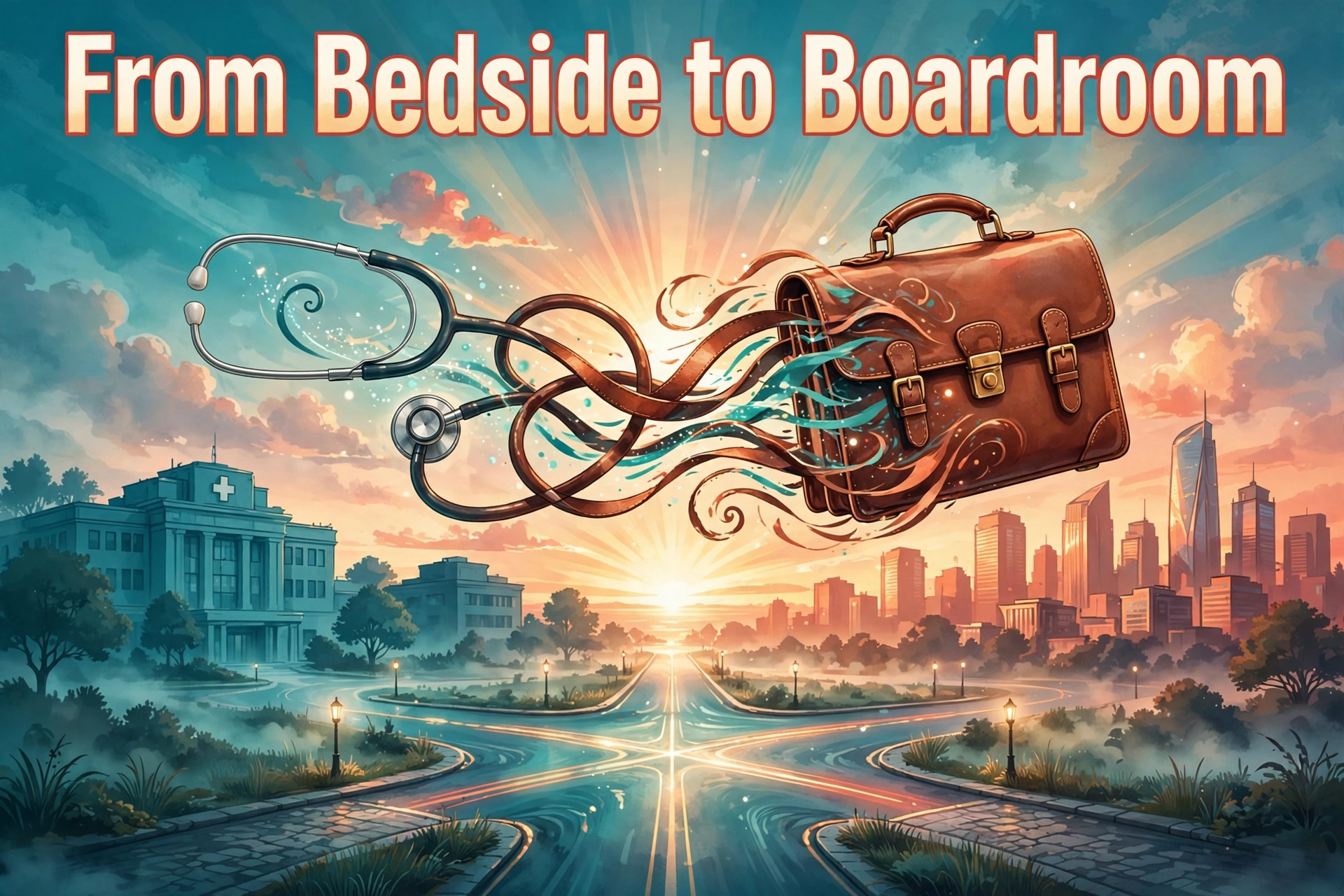 Illustration: a stethoscope morphing into a briefcase above a glowing crossroads at sunrise — “From Bedside to Boardroom”
