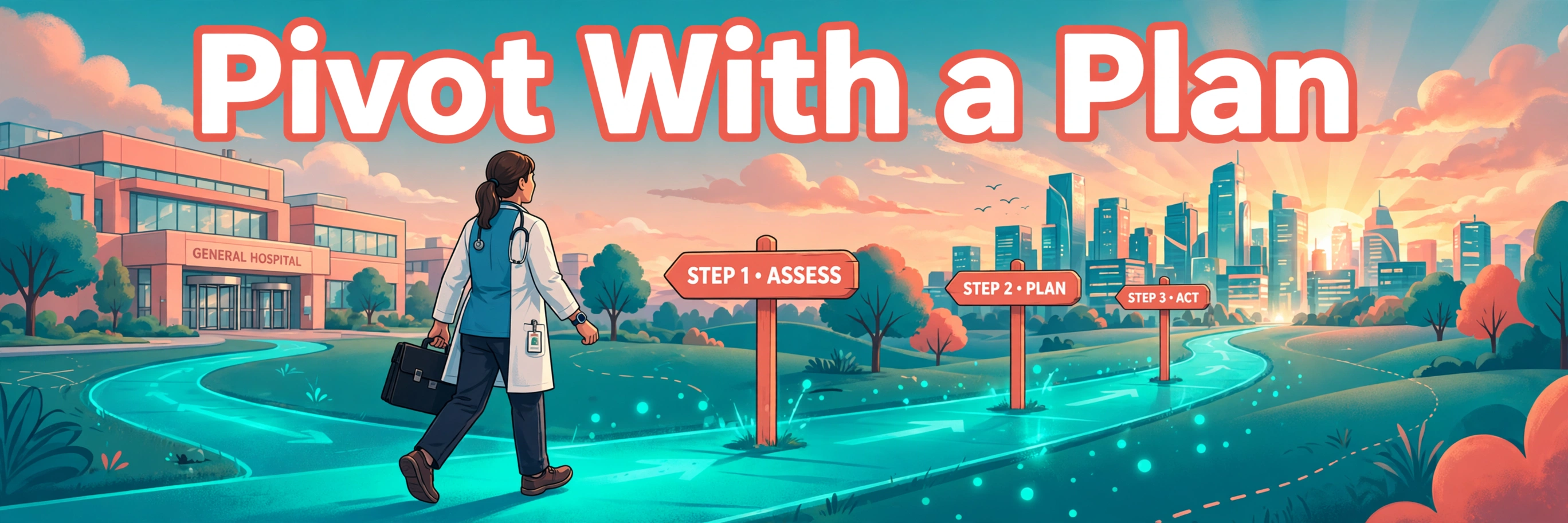 Illustration: a clinician with a briefcase walking a glowing path past signposts — Step 1 Assess, Step 2 Plan, Step 3 Act — toward a city skyline — “Pivot With a Plan”
